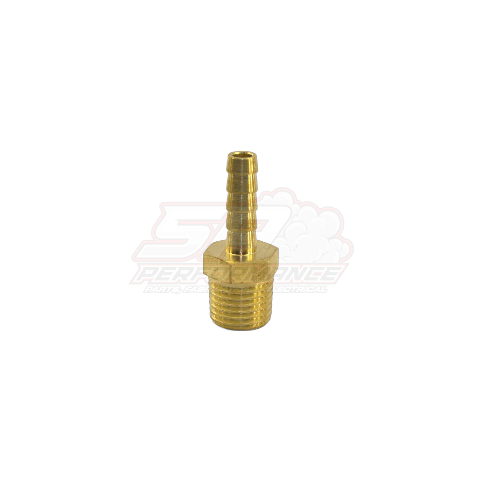 Brass 1/4 inch male NPT to 6mm barb fitting shown at angle with threaded base and stepped hose tail visible