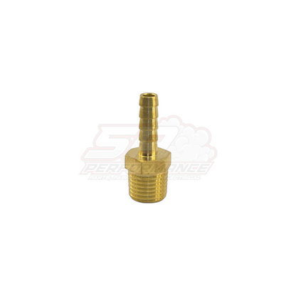 Brass 1/4 inch male NPT to 6mm barb fitting shown at angle with threaded base and stepped hose tail visible