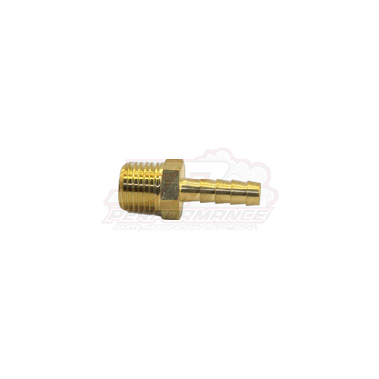 Side angle view of brass 1/4" Male NPT to 6mm barb fitting showing threaded end and multi-step barbed tail