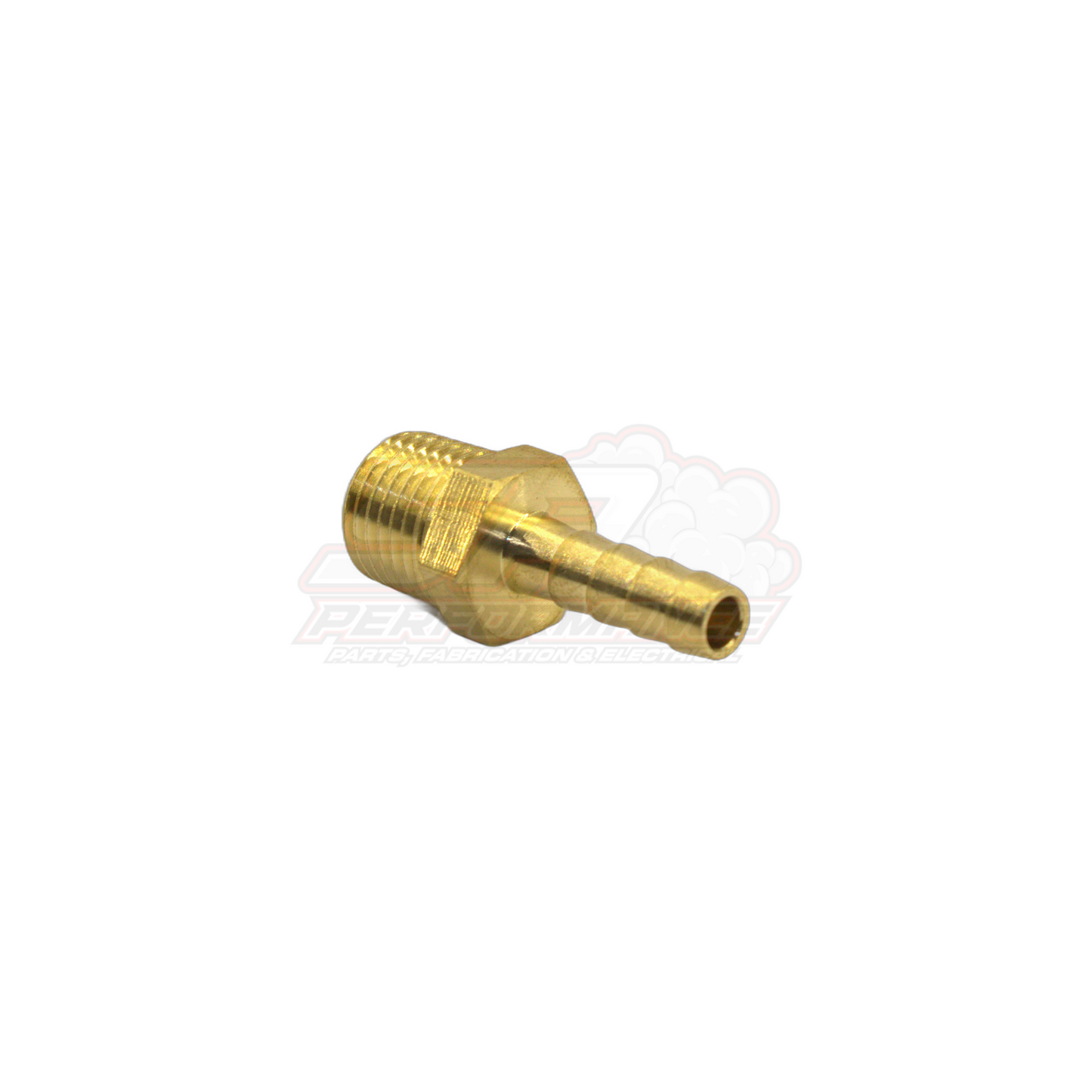 Angled view of solid brass 1/4 inch male NPT to 6mm barb fitting showing hex body and threaded end