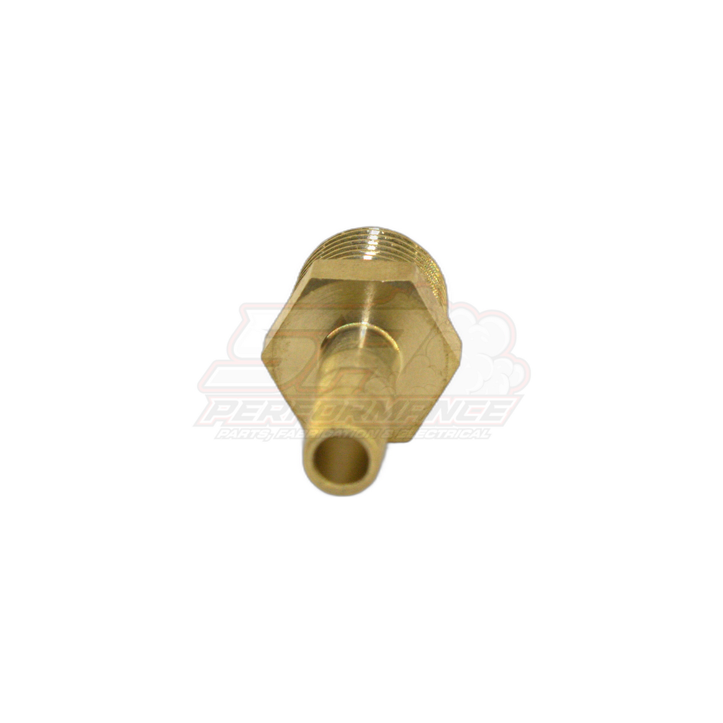 Angled front view of brass 1/4 inch male NPT to 6mm barb fitting showing hex body, threaded end and barb outlet