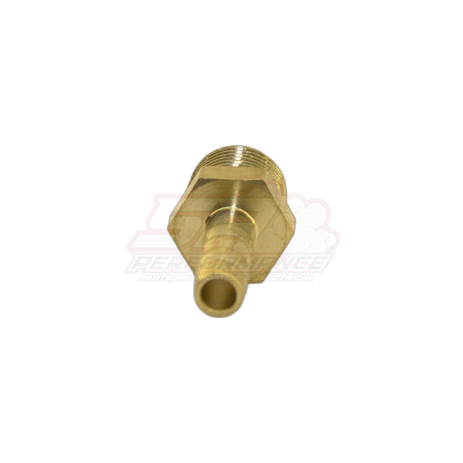 Angled front view of brass 1/4 inch male NPT to 6mm barb fitting showing hex body, threaded end and barb outlet