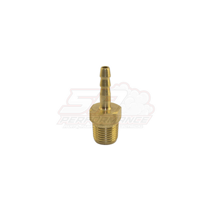 Brass 1/8 inch male NPT to 4mm barb fitting with stepped barb and threaded base shown at angle on white background