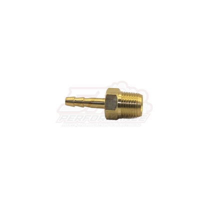 Side angle view of brass 1/8 inch male NPT to 4mm barb fitting showing threaded body and stepped barb tip