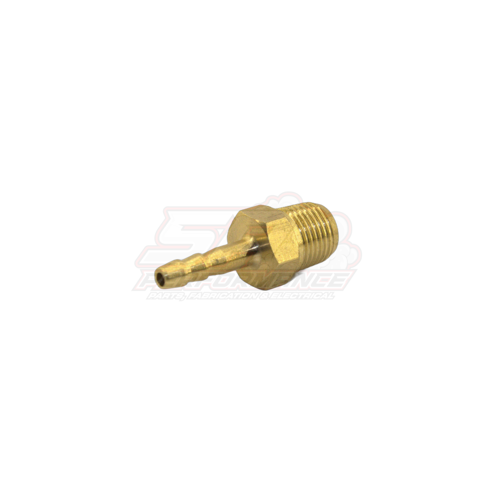 Brass 1/8 NPT to 4mm barb fitting angled view showing male threads and smooth barb tail