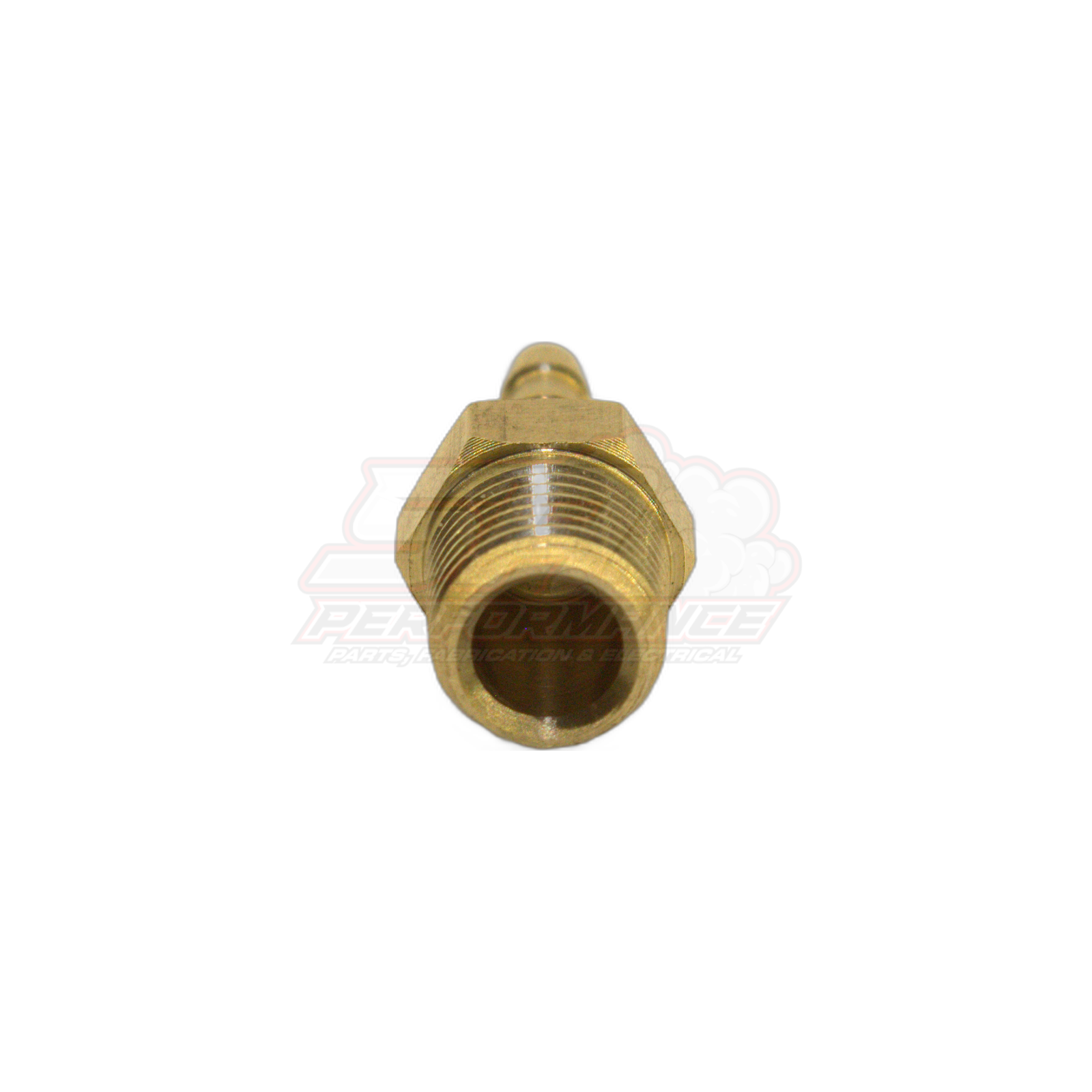 Threaded end view of 1/8 inch male NPT to 4mm barb brass fitting showing hex body and internal bore