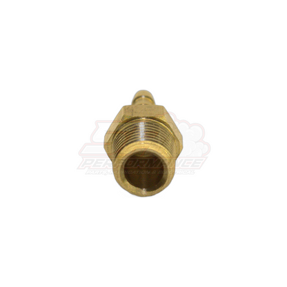 Threaded end view of 1/8 inch male NPT to 4mm barb brass fitting showing hex body and internal bore