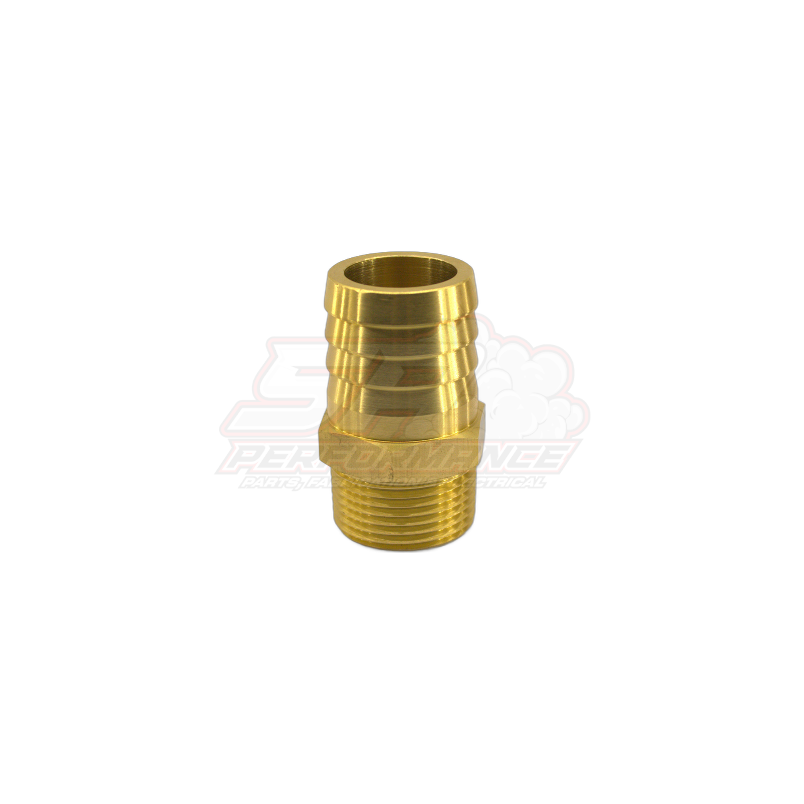 Brass 1 inch male NPT to 32mm barb fitting angled view showing triple-barbed hose end and threaded connection