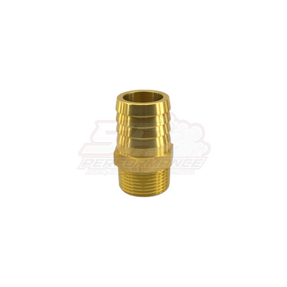 Brass 1 inch male NPT to 32mm barb fitting angled view showing triple-barbed hose end and threaded connection