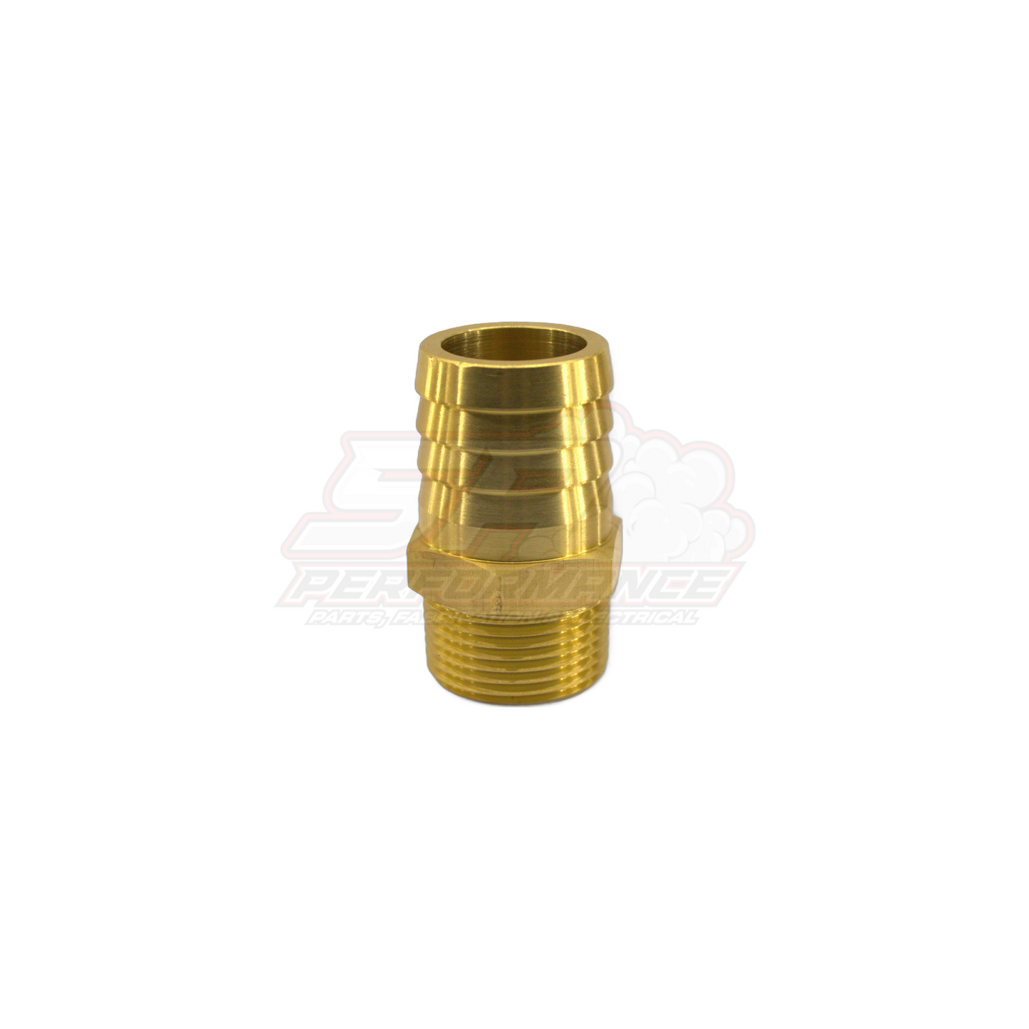 Brass 1 inch male NPT to 32mm 1.25 inch barb fitting side view showing triple-ribbed barb and hexagonal threaded body