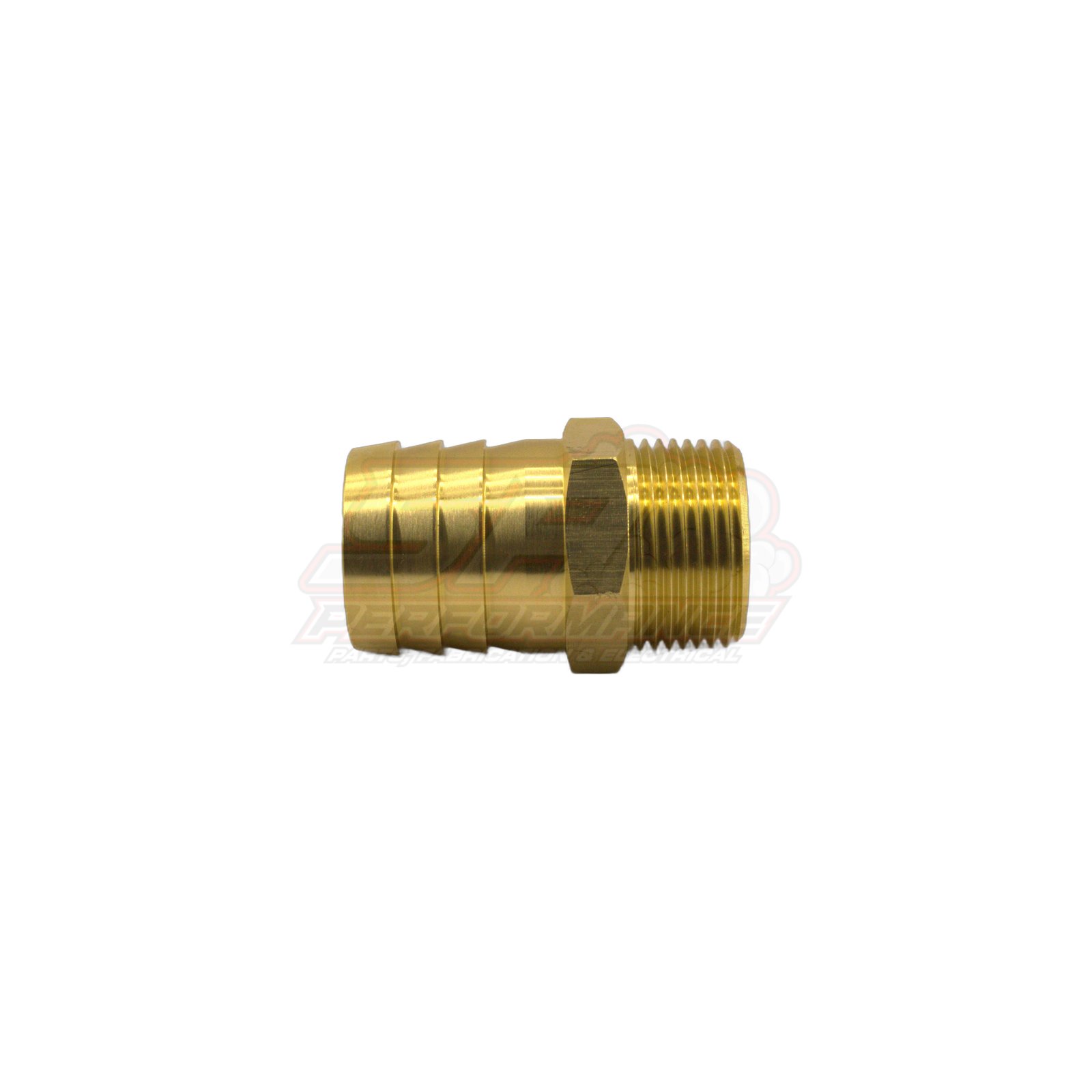 Side view of brass 1" male NPT to 32mm 1.25" barb fitting showing stepped barb end and hexagonal body with NPT threads