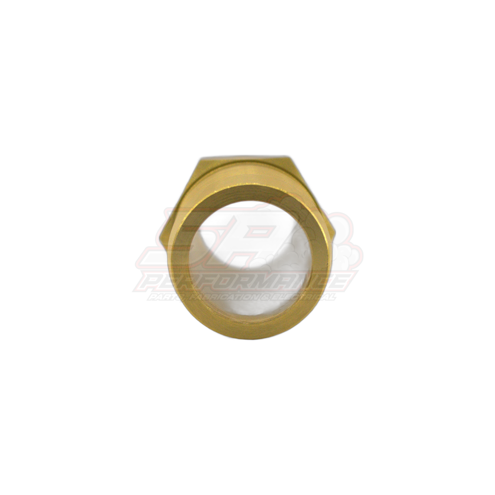 Top view of brass 1 inch male NPT to 32mm barb fitting showing hexagonal wrench flats and circular barb end with visible machining marks