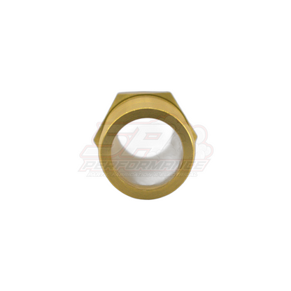 Top view of brass 1 inch male NPT to 32mm barb fitting showing hexagonal wrench flats and circular barb end with visible machining marks