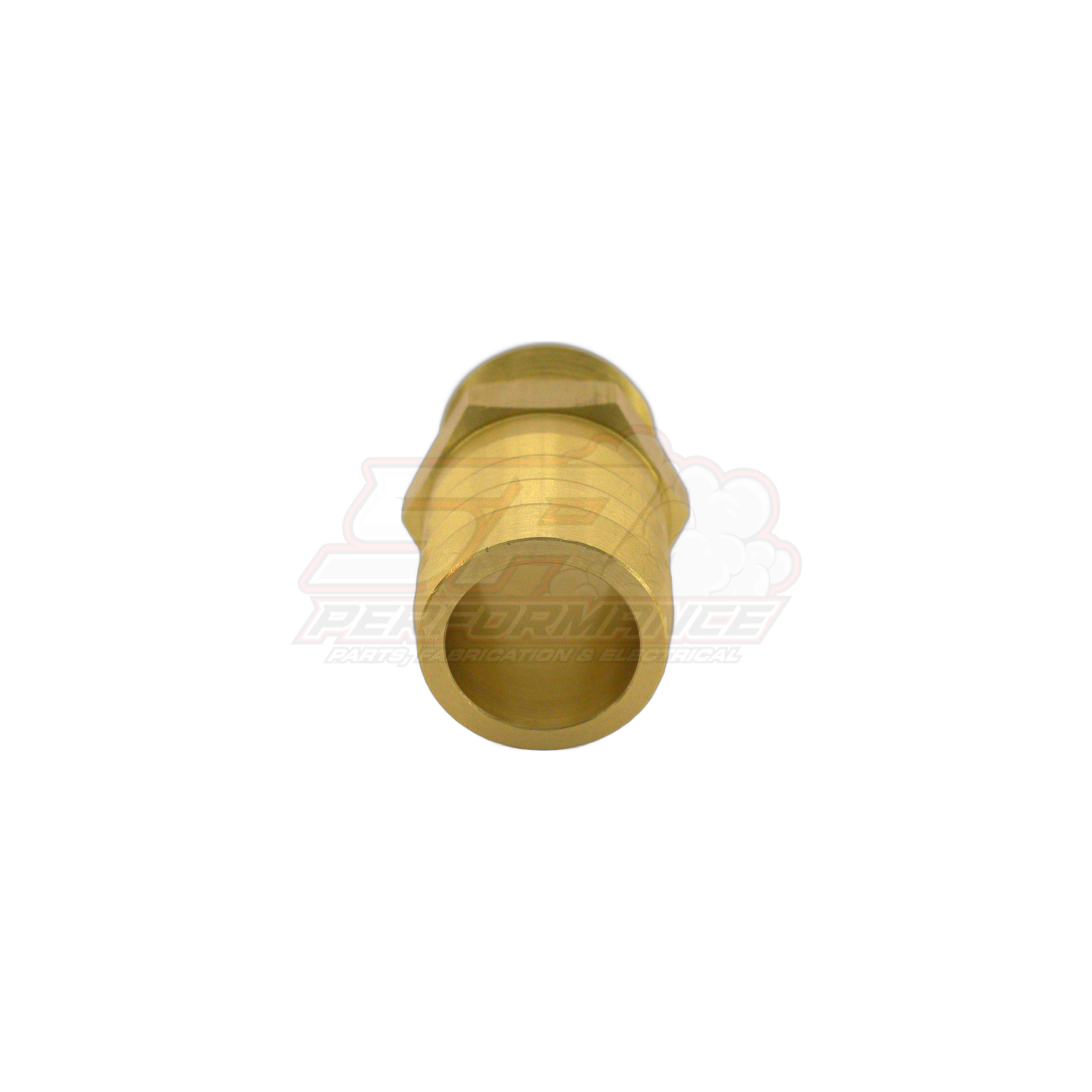 Brass 1 inch male NPT to 32mm barb fitting shown from barbed end, displaying stepped hose barbs and hexagonal flange
