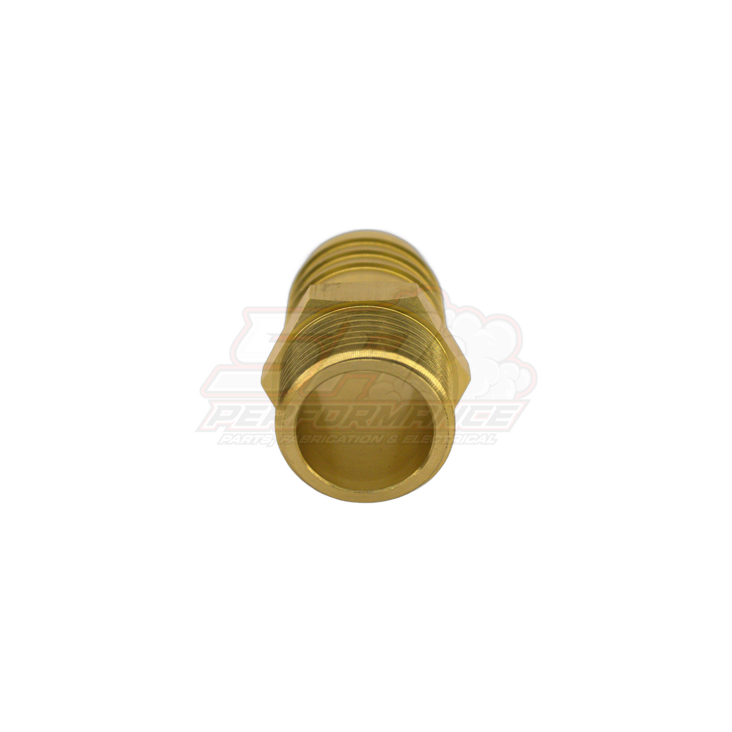 Brass 1 inch male NPT to 32mm barb fitting shown from end view displaying internal bore and external threads with machined grooves
