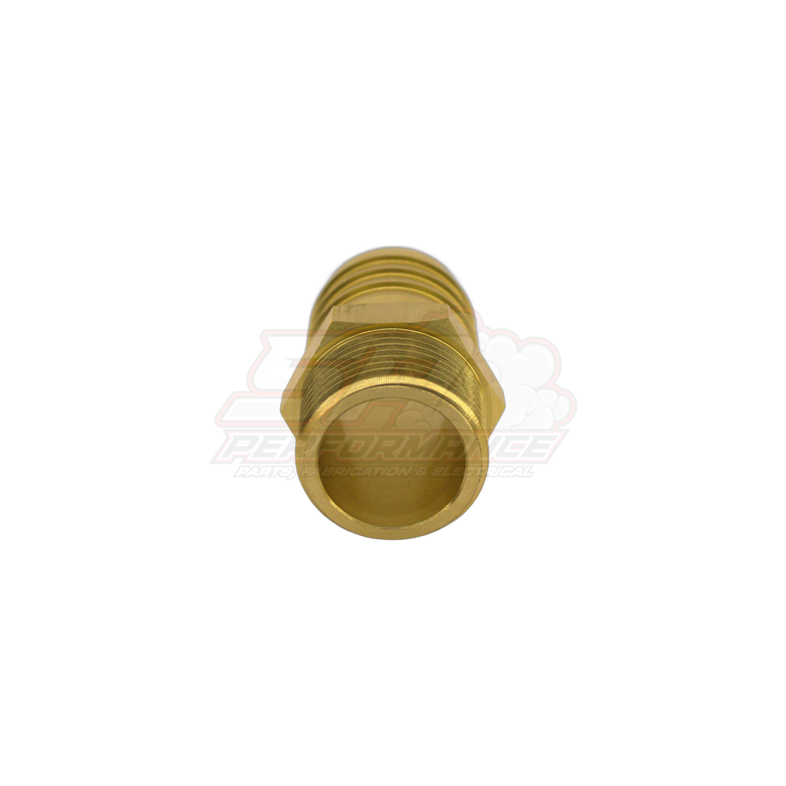 Brass 1 inch male NPT to 32mm barb fitting shown from end view displaying internal bore and external threads with machined grooves