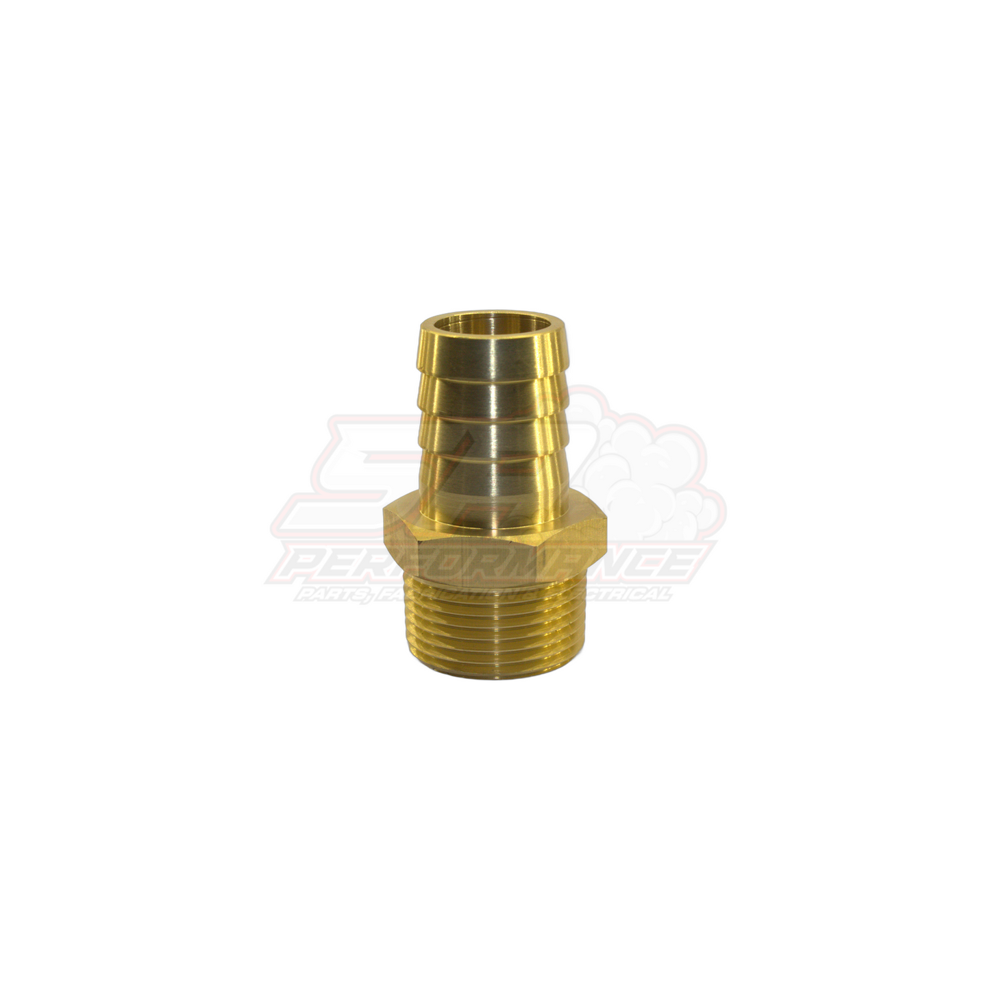 Brass 1" male NPT to 25mm barb fitting angled view showing threaded port and ribbed hose tail