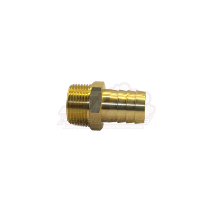 Side profile view of 1 inch male NPT to 25mm barb brass fitting showing threaded end and multi-stepped barbed hose tail in gold brass finish