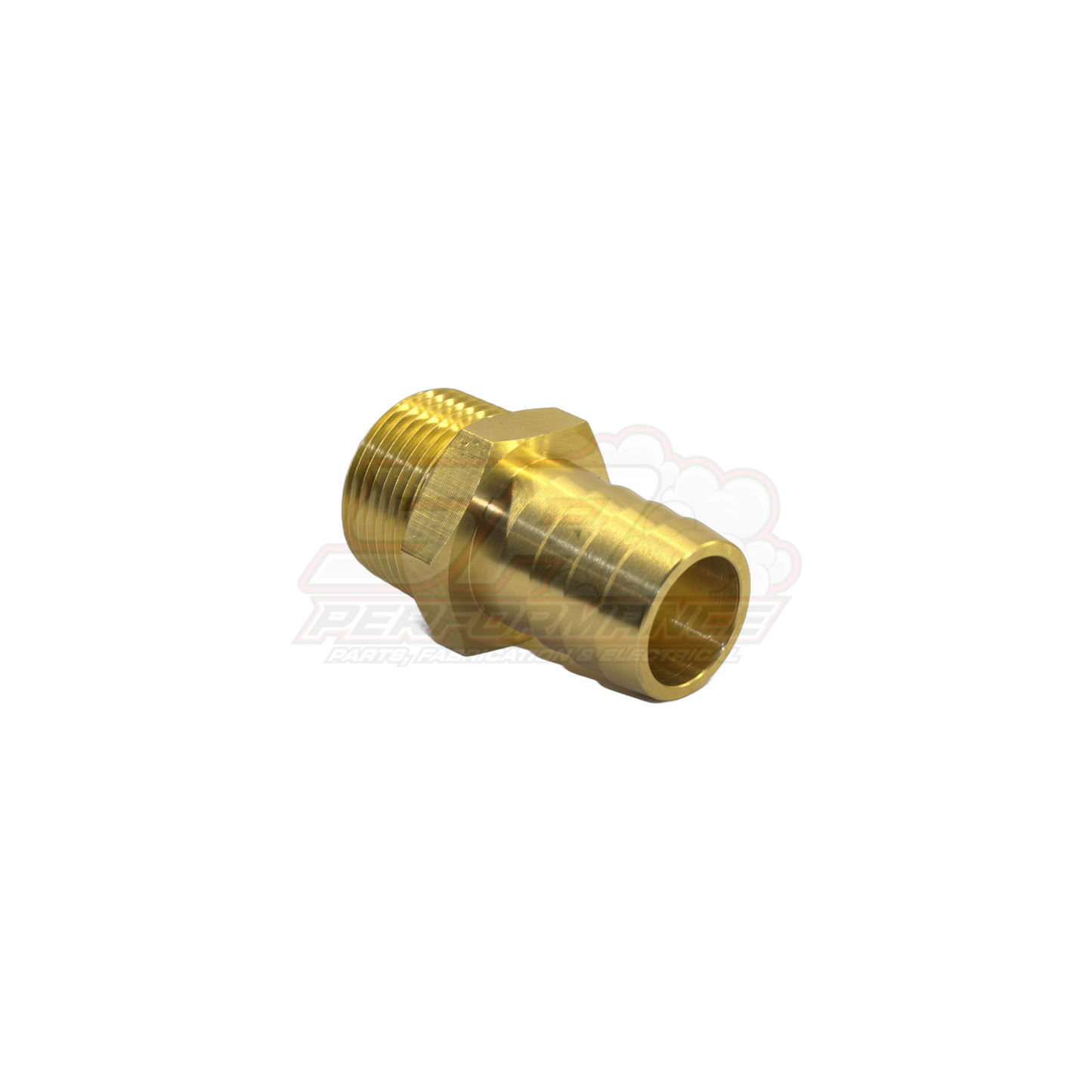 Angled view of 1" male NPT to 25mm barb brass adapter fitting showing hexagonal flange and serrated barb end