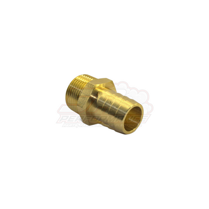 Angled view of 1" male NPT to 25mm barb brass adapter fitting showing hexagonal flange and serrated barb end