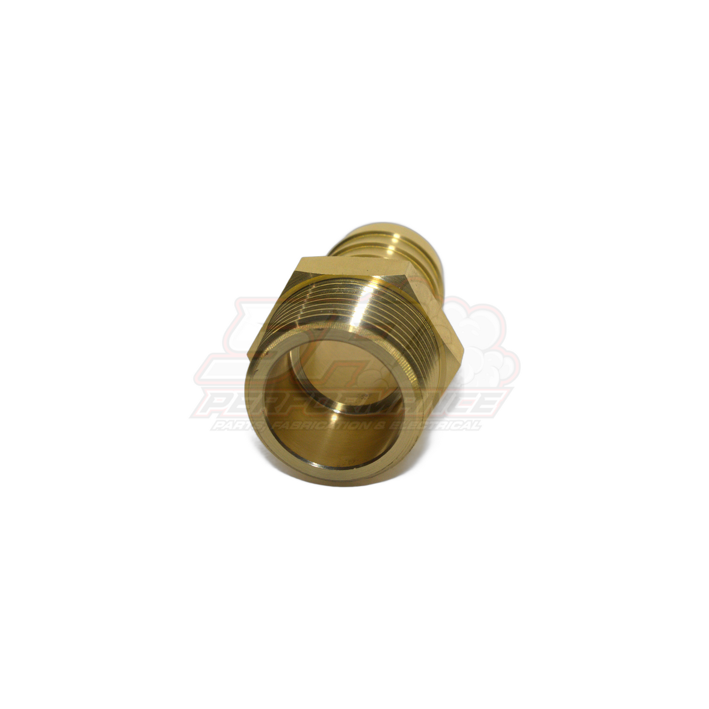 Angled view of 1 inch male NPT to 25mm barb brass fitting showing threaded end and hexagonal body with internal bore