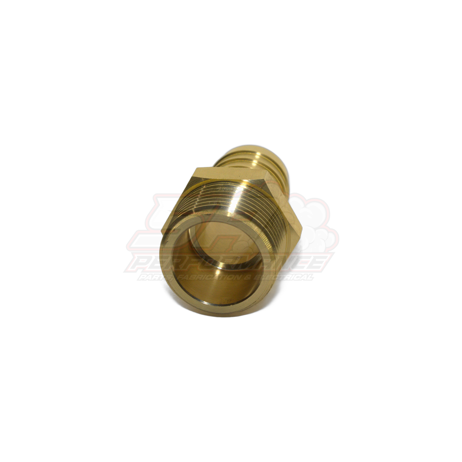 Angled view of 1 inch male NPT to 25mm barb brass fitting showing threaded end and hexagonal body with internal bore
