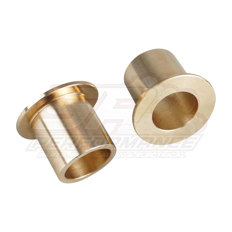 Two bronze pedal bushings for BMW E36 E46 Z3 Z4 clutch and brake shown at angle displaying flanged cylindrical design and machined bore