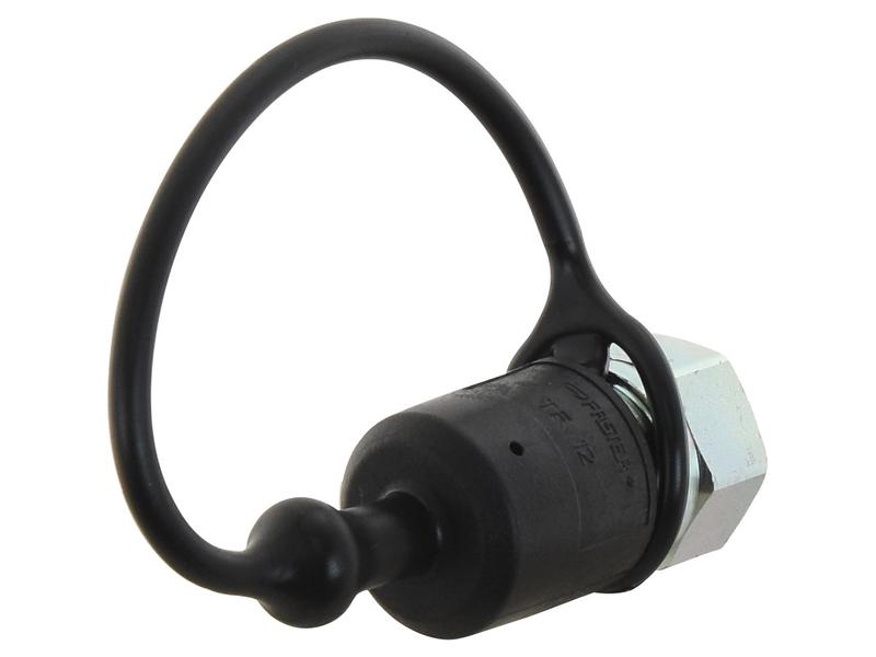 Black rubber dust cap with integrated loop attached to 1/2 inch Nitto style quick connect fitting showing side angle view