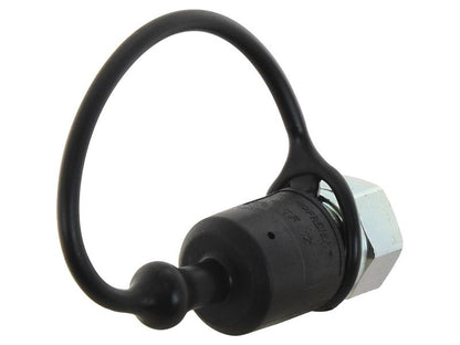 Black rubber dust cap with integrated loop attached to 1/2 inch Nitto style quick connect fitting showing side angle view