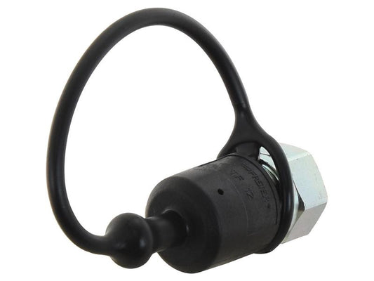 Black rubber dust cap with integrated loop attached to 1/2 inch Nitto style quick connect fitting showing side angle view