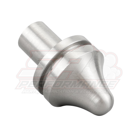 BEVINSEE stainless steel clutch pivot pin angled view showing machined shaft and conical bearing surface for BMW E36 E46 E90 E39 E60 F10 F30