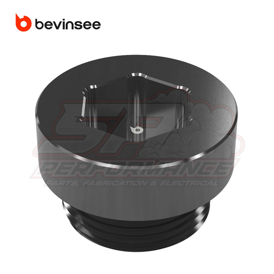 Bevinsee differential drain plug 33117525064 angled view showing circular top with hex socket and threaded base with black O-ring seal for BMW Mini