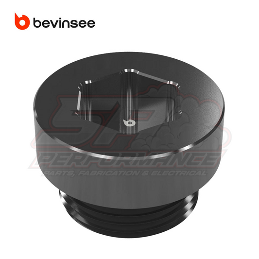 Bevinsee differential drain plug 33117525064 angled view showing circular top with hex socket and threaded base with black O-ring seal for BMW Mini