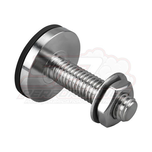Angled view of BEVINSEE short clutch stop BMW E46 E36 M3 E30 E39 Z3 showing threaded stainless bolt with black rubber washer and hex nut assembly