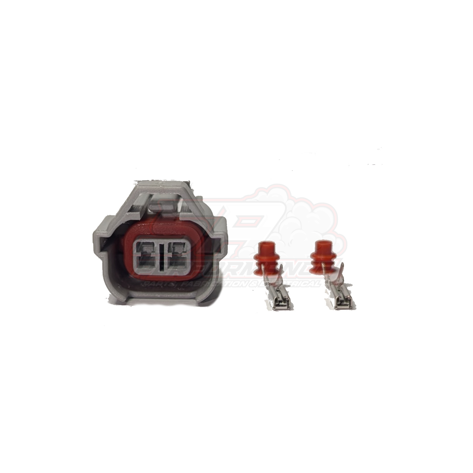 Grey 2-pin Denso High Guide injector connector housing with red seal and two female terminals with red boots displayed separately