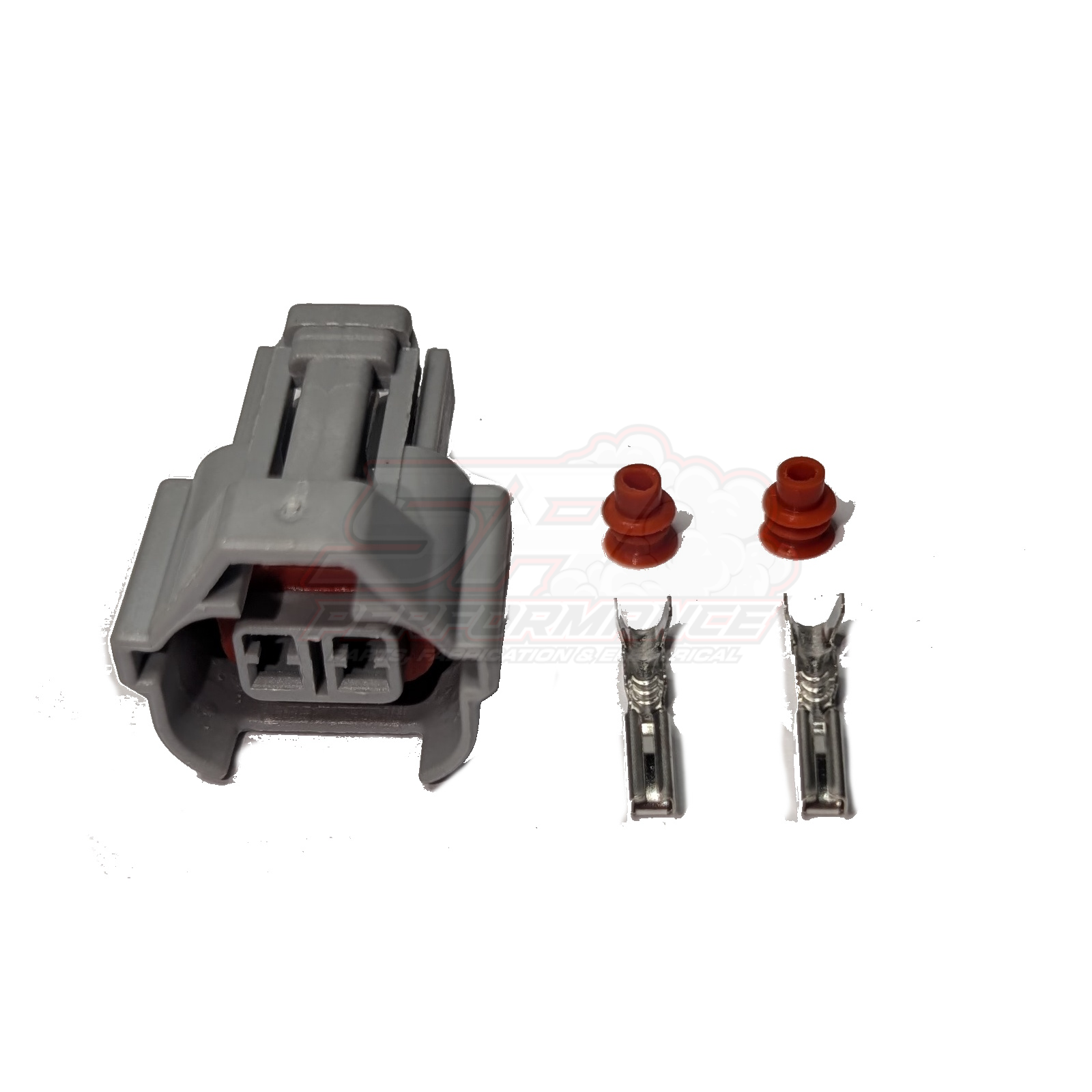 Japanese 2-pin High Guide Denso injector connector kit with grey housing, two metal terminals and two red seals displayed separately