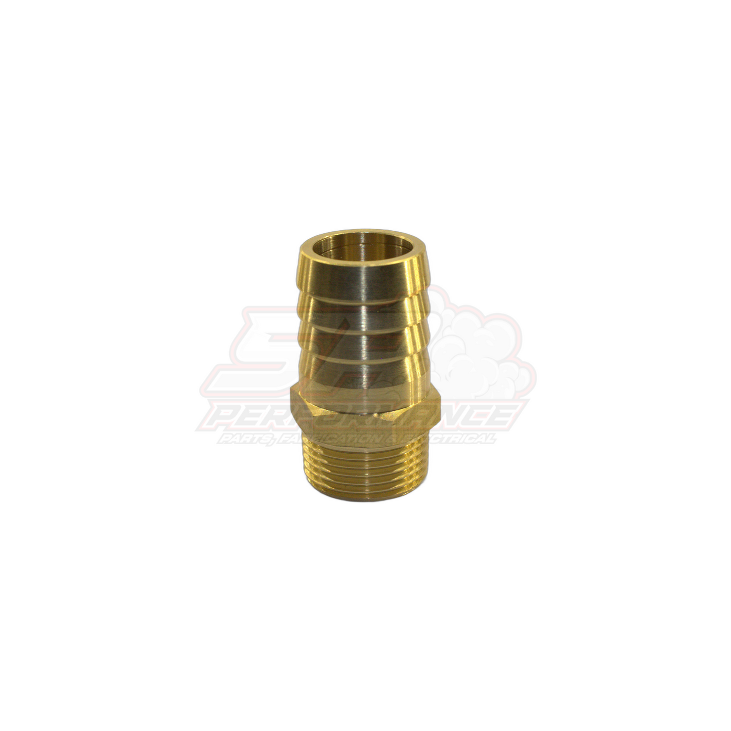Brass barbed hose adapter with 3/4" male NPT thread and 25mm 1" barb showing angled side view with ridged barb detail and hex base