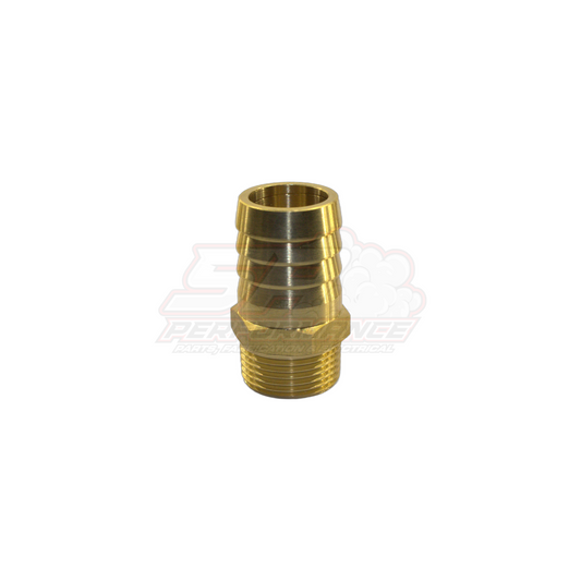 Brass barbed hose adapter with 3/4" male NPT thread and 25mm 1" barb showing angled side view with ridged barb detail and hex base