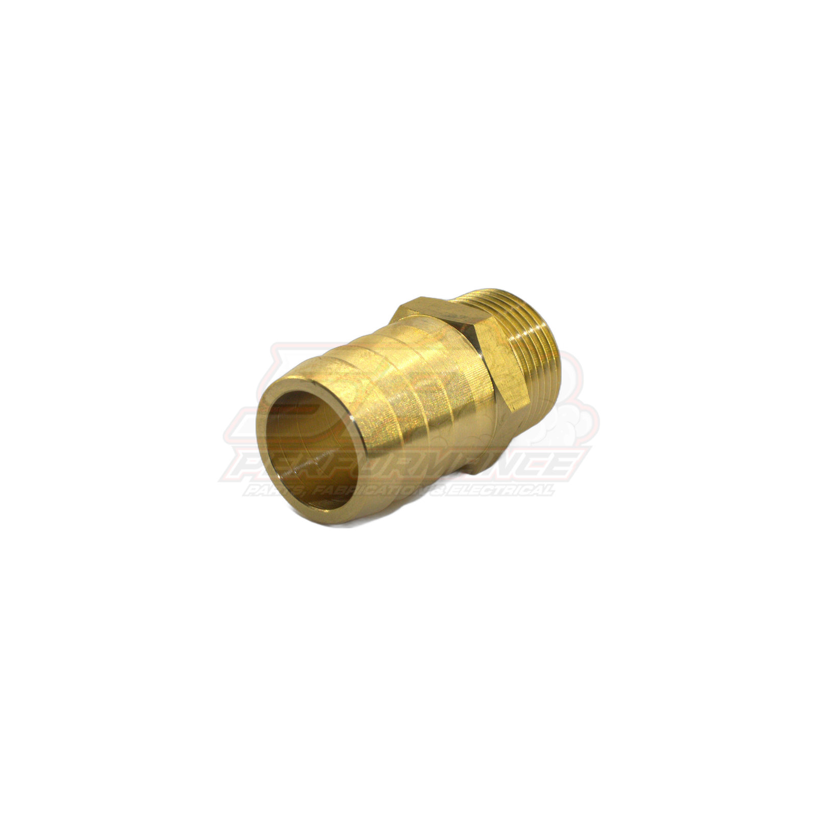Angled view of 3/4 inch male NPT to 25mm barb brass fitting showing threaded end and barbed hose tail