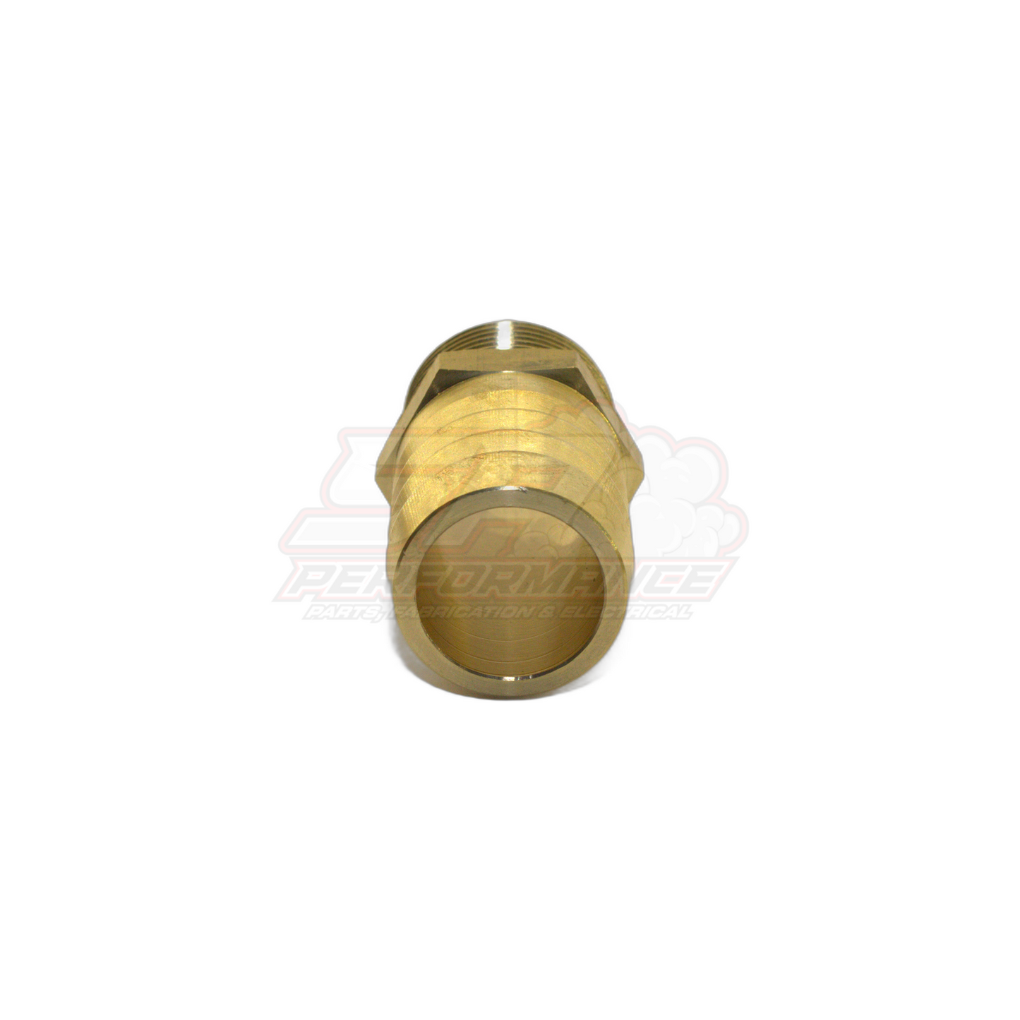 Brass 3/4" male NPT to 25mm barb fitting angled view showing threaded end and barbed hose tail