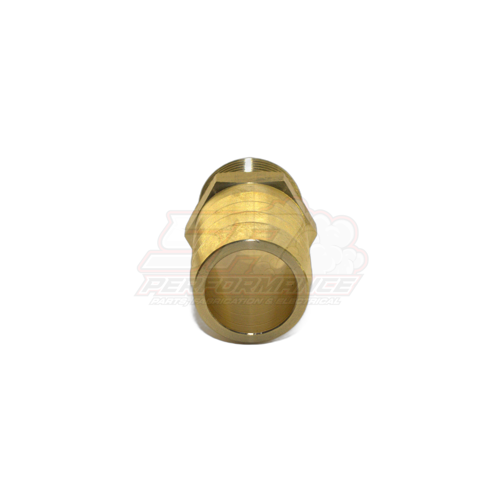 Brass 3/4" male NPT to 25mm barb fitting angled view showing threaded end and barbed hose tail