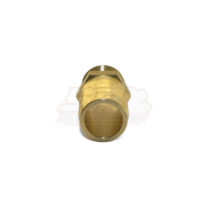 Brass 3/4" male NPT to 25mm barb fitting angled view showing threaded end and barbed hose tail