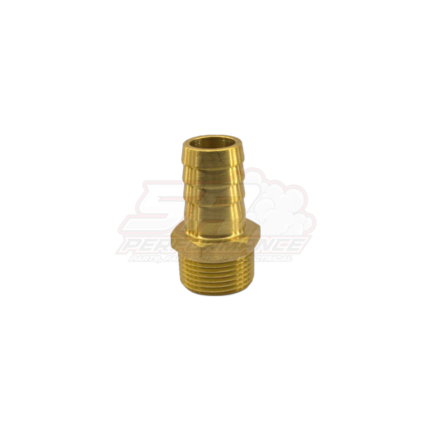 Brass 3/4 inch male NPT to 19mm barb fitting angled view showing threaded base and ribbed barb end