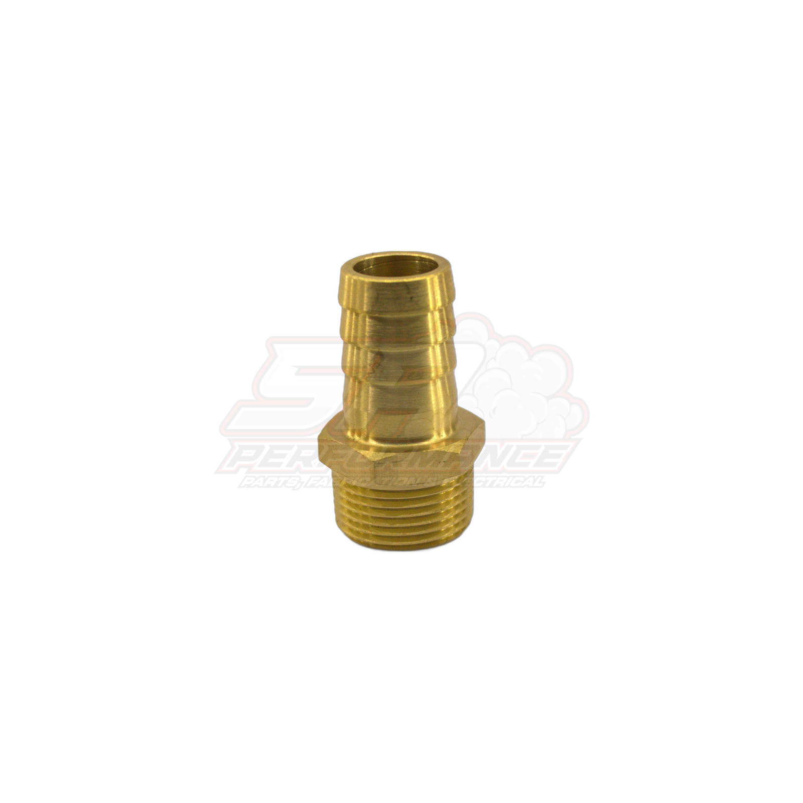Brass 3/4 inch male NPT to 19mm barb fitting angled view showing threaded base and ribbed barb end