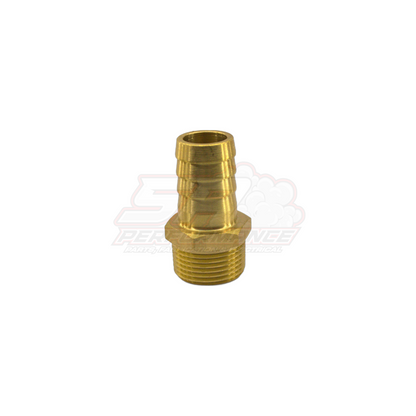 Brass 3/4 inch male NPT to 19mm barb fitting angled view showing threaded base and ribbed barb end