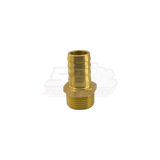 Brass 3/4 inch male NPT to 19mm barb fitting angled view showing threaded base and ribbed barb end
