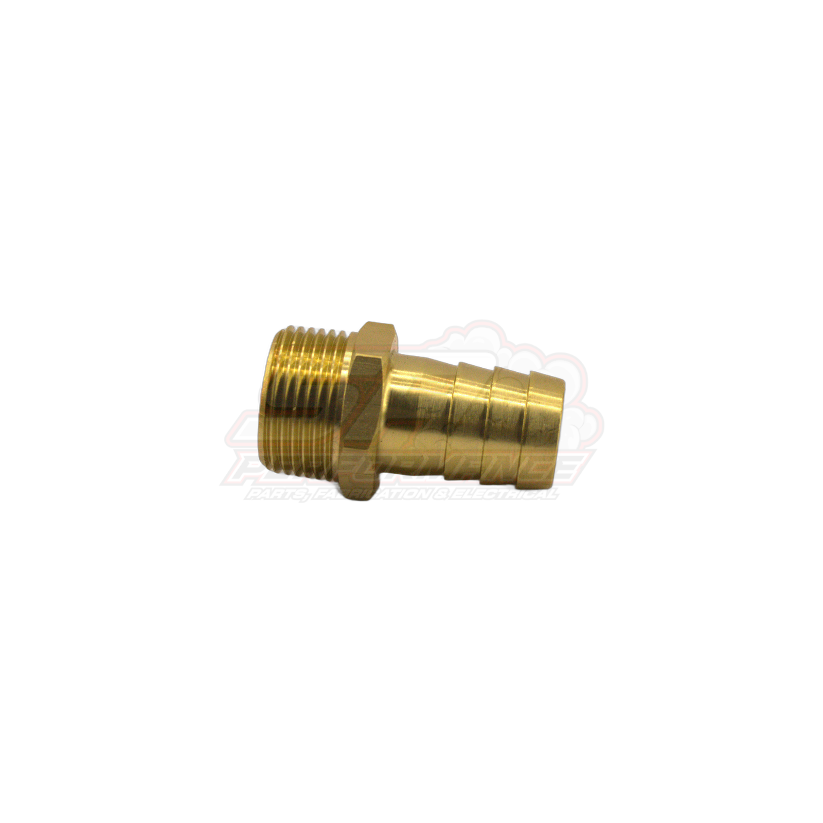 Side angled view of 3/4 inch male NPT to 19mm barb brass fitting showing threaded end and multi-ribbed barb tail