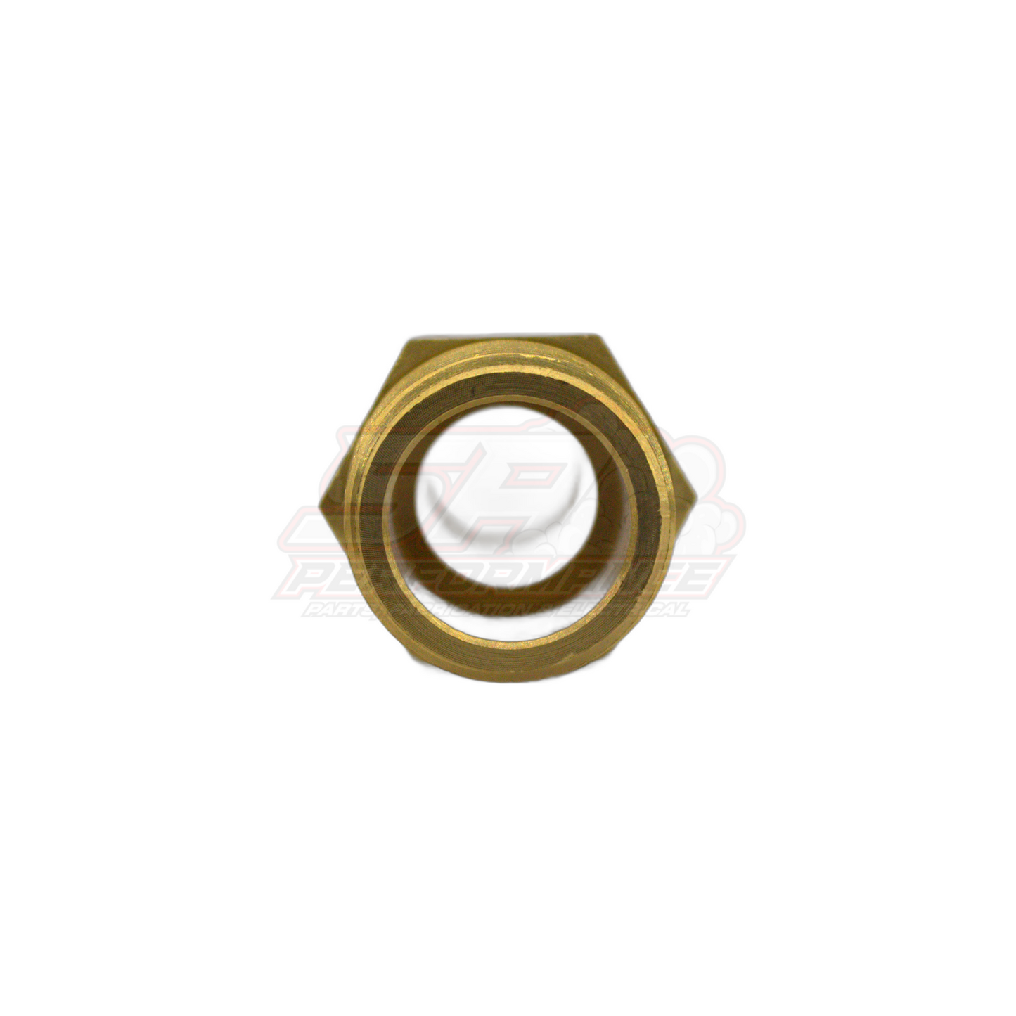 Top view of 3/4 inch male NPT to 19mm barb brass fitting showing hexagonal flats and internal threaded bore