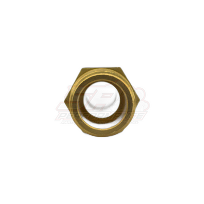 Top view of 3/4 inch male NPT to 19mm barb brass fitting showing hexagonal flats and internal threaded bore