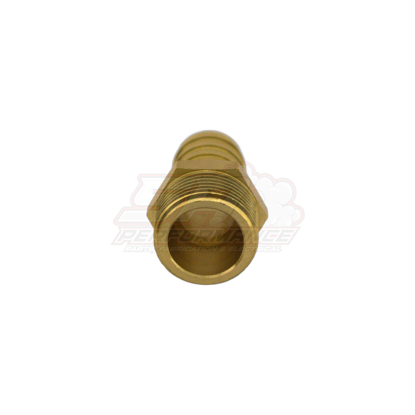Front threaded view of 3/4 inch male NPT to 19mm barb brass fitting showing external NPT threads and hollow bore